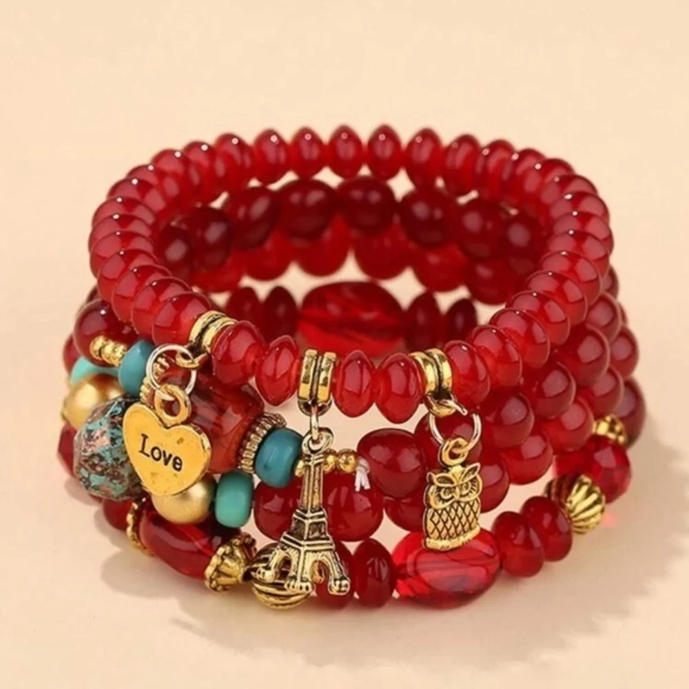 ✨NEW Red Beaded Charm Bracelet love Eiffel Tower Paris - Picture 1 of 2